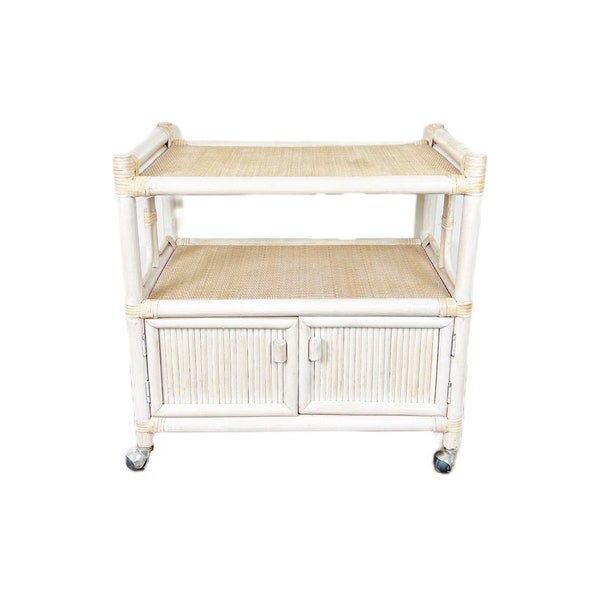 Boho Chic Bar Cart | Vintage White-Washed Bamboo, Wicker, Rattan Trolley on Caster Wheels |  Retro Coastal Home Decor *Shipping NOT Free*