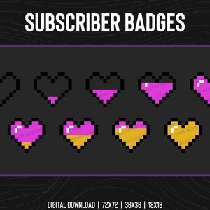 May include: A set of 8 pixel art heart subscriber badges in various stages of filling. The badges are in pink and gold, with the text "LYNATE DESIGNS" on the bottom of each badge.
