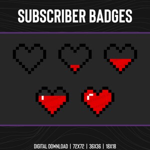 5 Red 8-bit Heart Subscriber/Bit Badges for Twitch, YouTube, Discord, Facebook, Kick