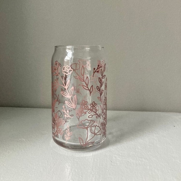 Dusty Rose gold spring flower glass jar 16 oz, dusty rose tumbler, floral libbey iced coffee glass, mason jar, mothers day gift for her