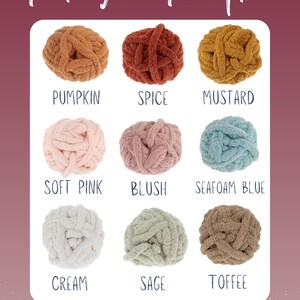 May include: A color chart titled Pick Your Pumpkin displaying nine balls of chunky yarn in various colors labeled Pumpkin, Spice, Mustard, Soft Pink, Blush, Seafoam Blue, Cream, Sage, and Toffee. Each yarn ball has a soft, textured appearance.