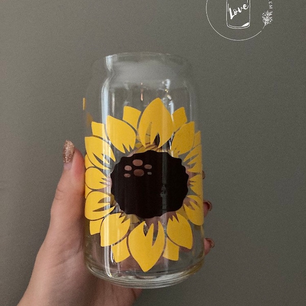 Sunflower libbey glass 16 oz,  boho iced coffee glass with straw and lid, beer glass can, coffee mason jar, Easter basket stuffer for teens