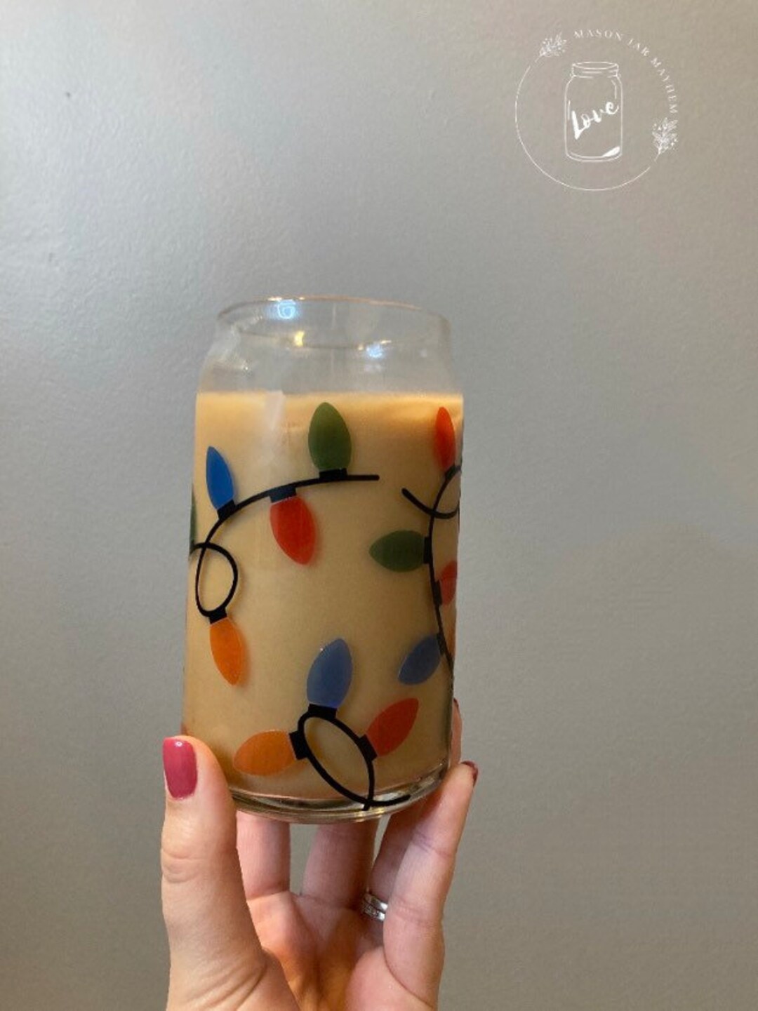 Color Changing Christmas Lights Glass Jar 16 Oz, Holiday Lights Iced Coffee Glass, Christmas