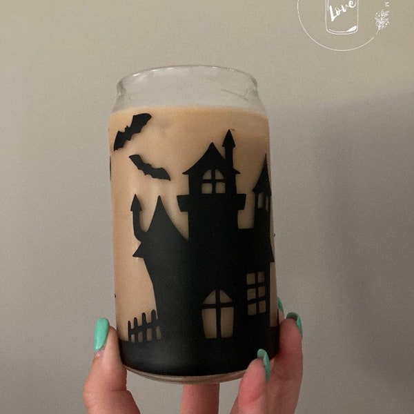 Halloween haunted house glass jar 16 oz,  spooky iced coffee glass, custom beer glass can, Halloween party favor, spooky gift for women