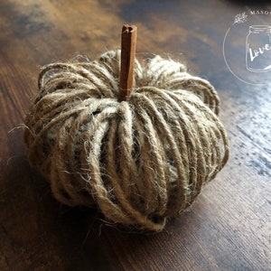 May include: A brown twine pumpkin with a cinnamon stick stem. The pumpkin is sitting on a wooden surface.