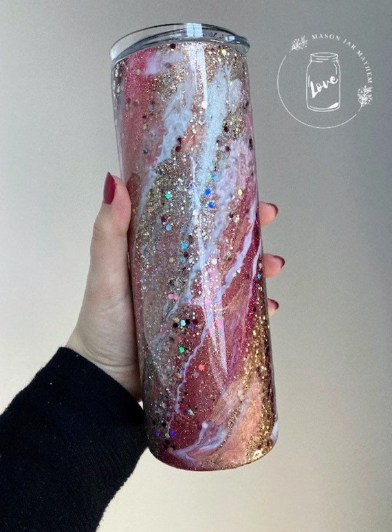 Pink and Rose Gold Glitter Tumbler 20 Oz, Milkyway Epoxy Resin Mug