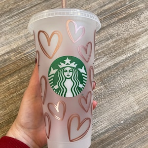 24 oz dusty rose gold scribble heart plastic cold cup, venti iced coffee cup, hearts travel mug, gift for coffee lover, friend gift for her