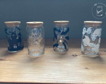 Halloween set of 4 glass jars 16 oz,  spooky iced coffee glass, pumpkin and ghost glass can, Halloween party favor, spooky gift for women