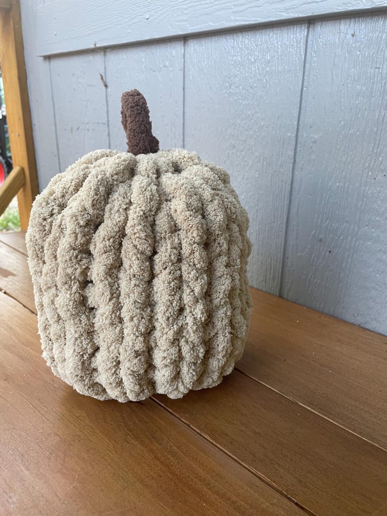 May include: A round, plush pumpkin crafted from thick, beige chenille yarn with a textured, ribbed surface. The pumpkin features a small, upright stem made of dark brown, fuzzy yarn attached to the center top of the rounded body.