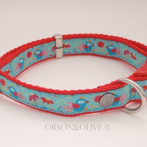 Glitzy Birds (Turquoise Red) Dog Collar  - Available in 4 sizes (XS, S, M, L)