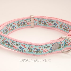 Love Birds (Pink Turquoise) Dog Collar  - Available in 4 sizes (XS, S, M, L)