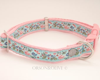 Love Birds (Pink Turquoise) Dog Collar  - Available in 4 sizes (XS, S, M, L)