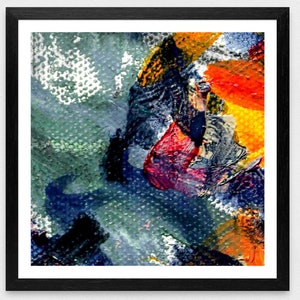 May include: Abstract painting with bold strokes of blue, red, orange, and yellow paint. The painting has a textured surface and a dynamic composition.