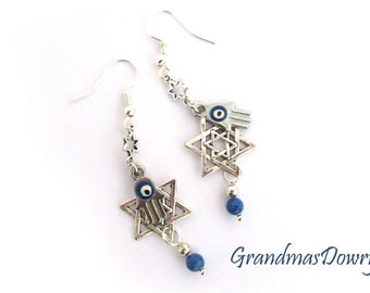 Jewish Earrings, Double charm Star of David, and Hamsa Beaded Dangle Earrings, Handmade in Israel