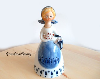 Porcelain Doll Statue Bell, Vintage bell Porcelain Blue and White