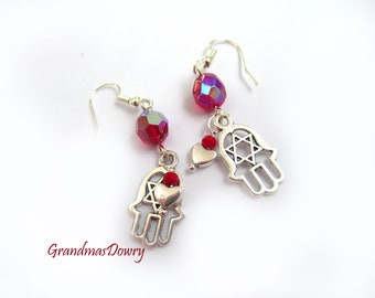 Pendientes Hamsa de Plata, Pendientes de Mano, Rojo, Mal de Ojo, Estrella de David, Pequeño, Judaica, Pendientes Judíos, Joyería de Tierra Santa, Hecho en Israel