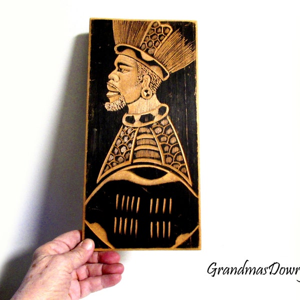 African Warrior Wall Hanging, Zulu Carved Wood Portrait, Wood Burning Tribal Art South African Wood Panel