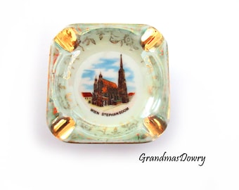 Cenicero de porcelana vintage, recuerdo austriaco de Viena, Catedral de Stephansdom, plato de baratija de porcelana de recuerdo coleccionable, plato de anillo