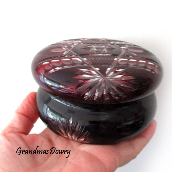 Vintage Crystal Trinket Dish, Lidded Dark Ruby Red Cut Glass Bohemian Crystal Czech Jewelry  Box, Candy dish