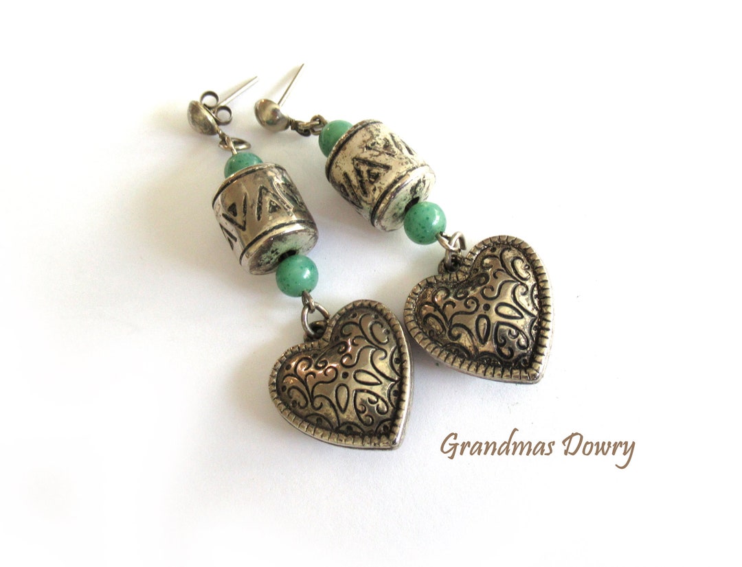 Silver Heart Dangle Earrings, Vintage Long Earrings, Very Light