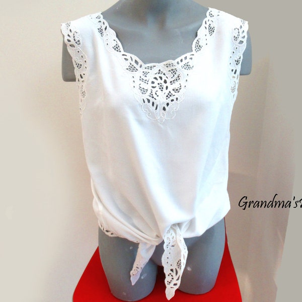 Vintage Tie Waist Blouse, White Hand Lace Shirt For Women, Vintage Sleeveless Handmade White Balinese Lace,  Ladies Top, Size M