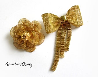 Regalo para mamá, Alfileres de broche de filigrana en tono dorado vintage, Lazo y flor, 2 piezas Accesorios de boda, Broches