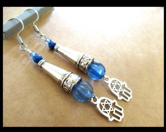 Long Dangle Earrings with Silver Hamsa and Star of David, Jewish earrings,  One-of-a-kind Handmade Judaica