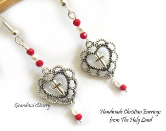 Heart Cross Earrings, Christian Earrings from The Holy Land,  One-Of-a-Kind Handmade Long Earrings, Religious Earrings