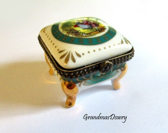 Limoges Porcelain Jewelry Box, Small Square French Footed Trinket Box, Made in France