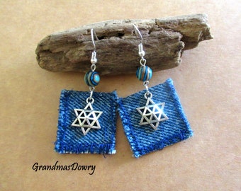 Star of David Evil eye Earrings, Upcycled Fabric Jewelry, Repurposed Denim Blue Jeans Earrings, Jewish Jewelry