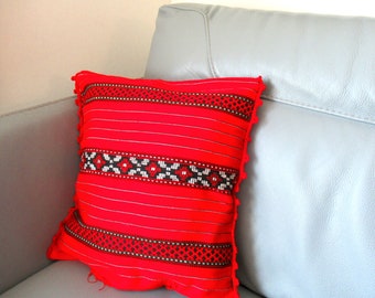 Vintage Handwoven Romanian Pillowcase, Vintage Red Pillow Cover,  Square Pillowcase, Rustic Home Decor