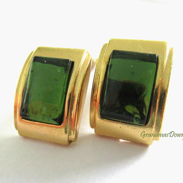 AGATHA PARIS ClipOn Earrings, Green cut Cabochon Rectangle Clips , Vintage 1980 French Costume Elegant  Jewelry