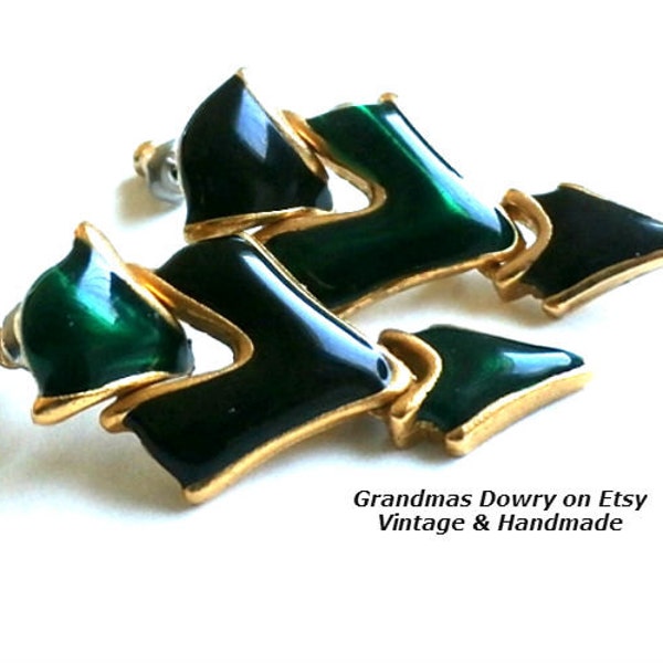 Asymmetrische Ohrringe, lange baumeln Beiträge, übereinstimmende Schmuck, geometrische schwarzen und grünen Dreieck Ohrringe, asymmetrischen Schmuck