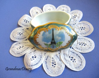 Limoges Duchez Porcelain Jewelry Box, Small  Oval French Trinket Lidded Box,  Green w Tour Eiffel Porcelain Box, Made In France