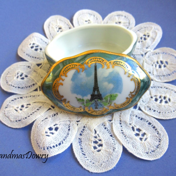 Limoges Duchez Porcelain Jewelry Box, Small  Oval French Trinket Lidded Box,  Green w Tour Eiffel Porcelain Box, Made In France