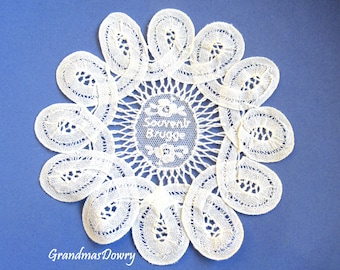 Belgium Lace Round Doily, White Unused Vintage  Handmade Lace,   Brugge Souvenir