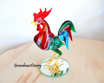 Murano Blown Glass Figurine Art Multicolor, Amazing Italian Bird Fighter Rooster Hen Chicken Figurine