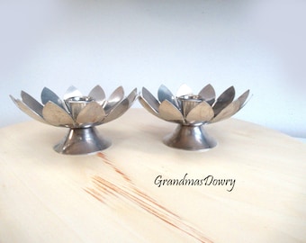 Lotus Flower Silverplate Candle Holders,  Floral Candlestick Holder set of 2