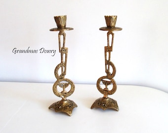 Gold Brass Candle Holders, Jewish Sabbath Candleholder, Very Rare Judaica,  Shabbat Kodesh Candlestick Holder set of 2