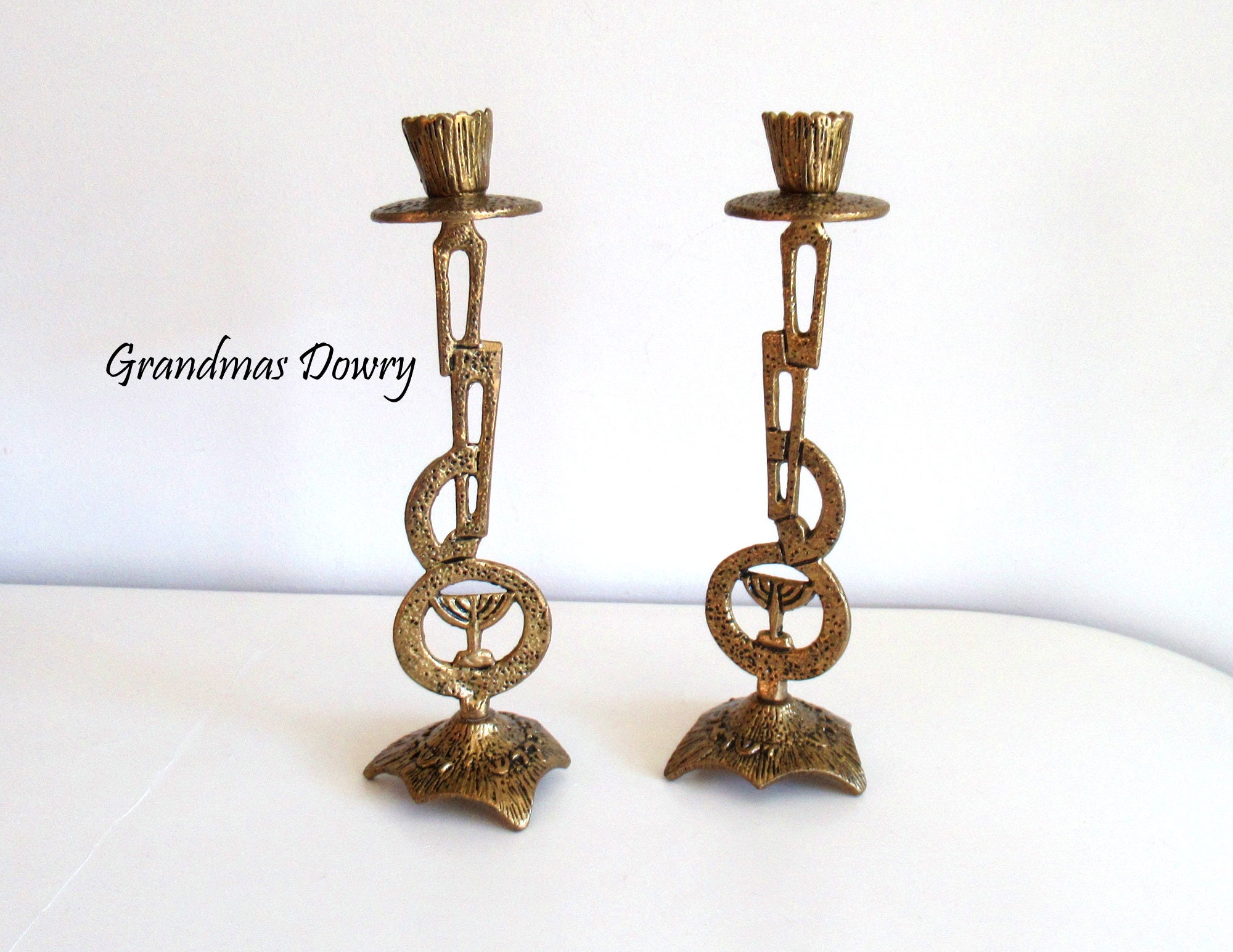 Gold Brass Candle Holders, Jewish Sabbath Candleholder, Very Rare Judaica, Shabbat Kodesh