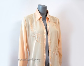 Yellow Polyester Ladies Long Sleeve Satin Collar and Cuffs Top, Vintage Embroidered Shirt,  Secretary Blouse, Hipster Blouse