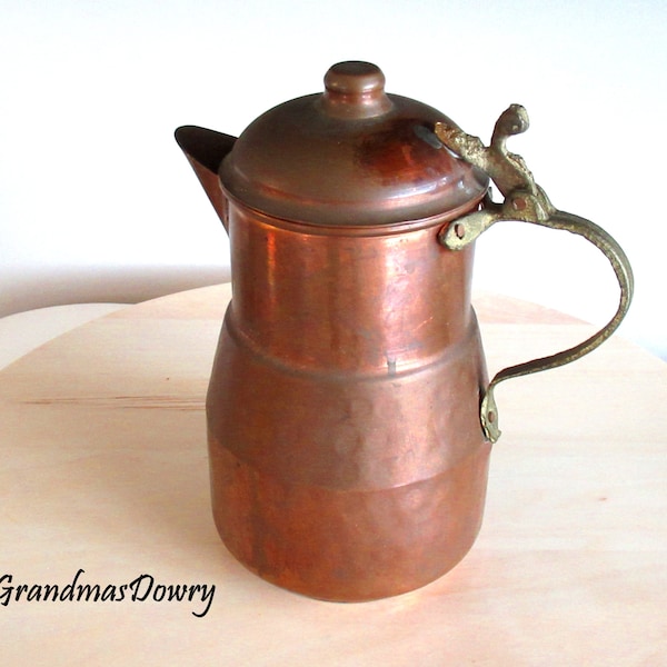 Old Rustic Copper Pot w Brass Handle, Copper Tea/Coffee Pot, Copper Serving Pot, Primitive Look