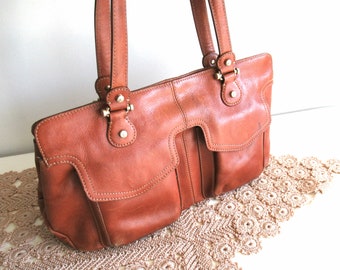 Liz Claiborne Brown Genuine Leather Women Handbag, Doctor Bag with 2 front pockets