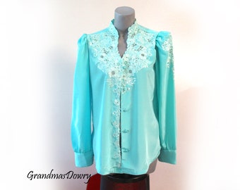 Vintage Silky Green Ladies Embroidered Shirt, Long Sleeve V collar, size 10