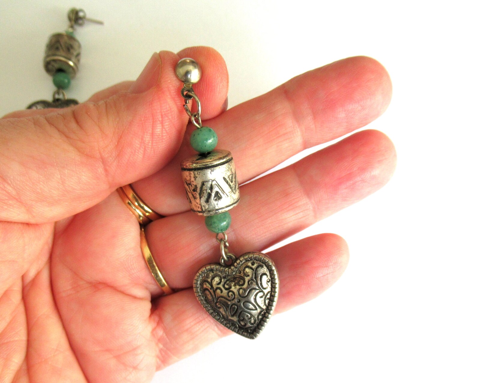 Silver Heart Dangle Earrings, Vintage Long Earrings, Very Light