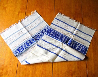 1970s Handwoven Romanian Table Runner, Hand Woven Folk Art  Table Cloth Fringe White Blue Stripe