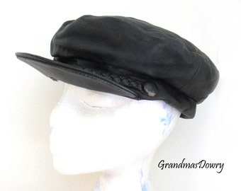 Unisex Leather Cap,  Black Stylish Hat with Two Front Buttons, John Lennon Style cap, 1960s Beret Retro Vintage, Made in Germany