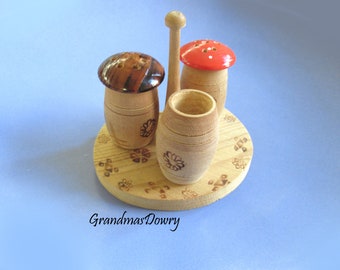 Wood Salt, Pepper, and Toothpick Set of 3, Hand craved, Rustic Mushroom shape Shakers