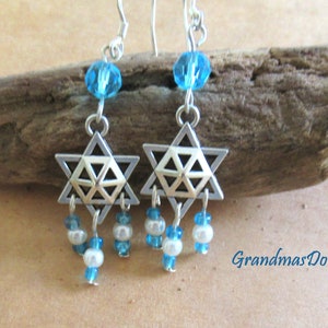 Blue Beaded Magen David and Star of David Jewish Earrings, Delicate Dangle Earrings