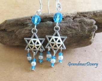 Blue Beaded Magen David and Star of David Jewish Earrings, Delicate Dangle Earrings